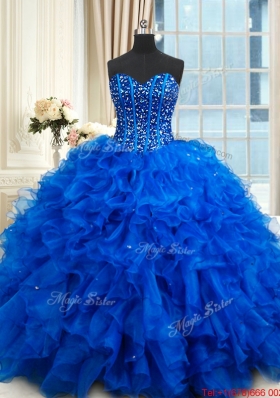 Most Popular Visible Boning Royal Blue Quinceanera Dress with Ruffles and Beading