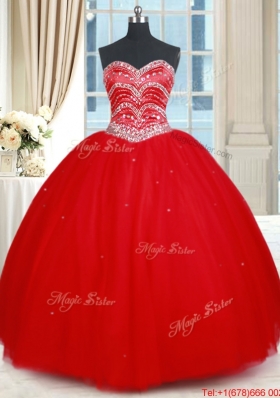 New Style Really Puffy Beaded Sweetheart Red Quinceanera Dress in Tulle