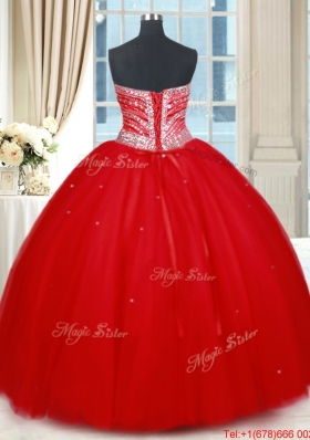 New Style Really Puffy Beaded Sweetheart Red Quinceanera Dress in Tulle