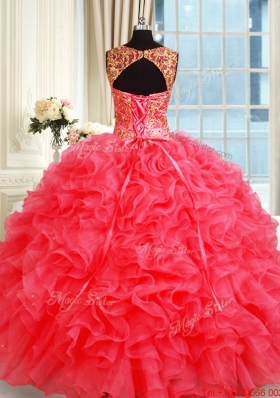 New Style Straps Organza Coral Red Sweet 16 Dress with Ruffles and Beading