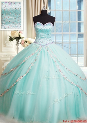 Romantic Tulle Beaded Bodice Apple Green Quinceanera Dress with Brush Train