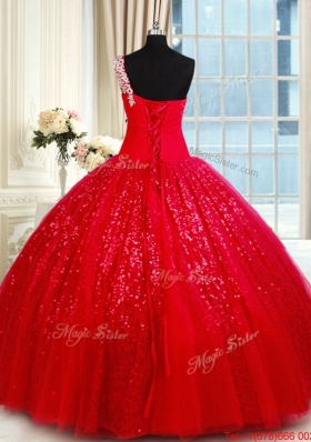 Wonderful One Shoulder Applique and Beaded Quinceanera Dress in Tulle and Sequins