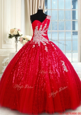 Wonderful One Shoulder Applique and Beaded Quinceanera Dress in Tulle and Sequins