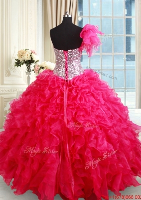 Affordable Strapless Organza Hot Pink Quinceanera Dress with Ruffles and Sequins