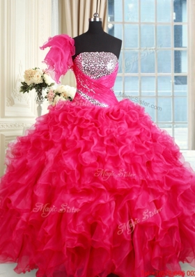 Affordable Strapless Organza Hot Pink Quinceanera Dress with Ruffles and Sequins