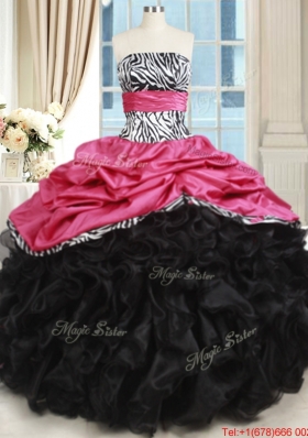 Beautiful Zebra Strapless Hot Pink and Black Quinceanera Dress with Ruffles and Bubbles