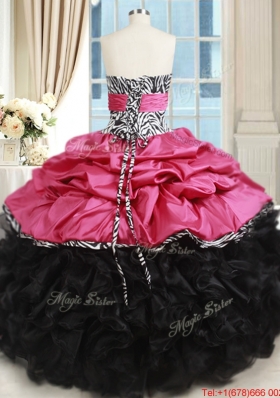 Beautiful Zebra Strapless Hot Pink and Black Quinceanera Dress with Ruffles and Bubbles