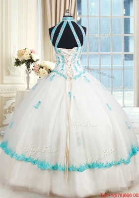 Cheap Visible Boning Halter Top Quinceanera Dress with Appliques and Beading