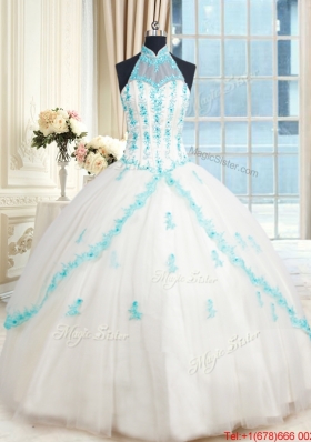 Cheap Visible Boning Halter Top Quinceanera Dress with Appliques and Beading