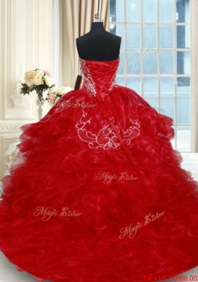 Classical Beaded Brush Train Red Quinceanera Dresses with Embroidery and Ruffles