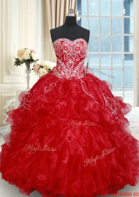 Classical Beaded Brush Train Red Quinceanera Dresses with Embroidery and Ruffles