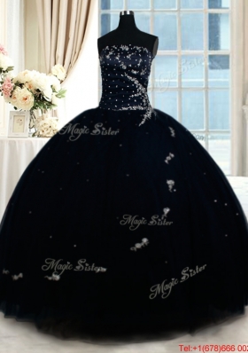 Exclusive Puffy Skirt Strapless Beaded Quinceanera Dress in Navy Blue