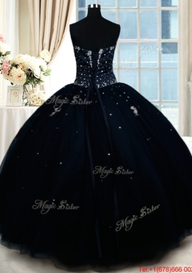 Exclusive Puffy Skirt Strapless Beaded Quinceanera Dress in Navy Blue