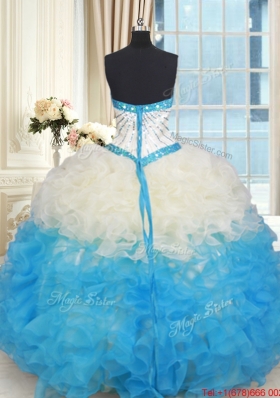 Fashionable Ruffled and Beaded Bodice Quinceanera Dress in Champagne and Blue