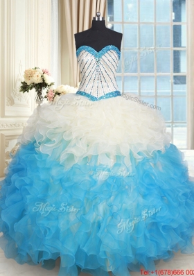 Fashionable Ruffled and Beaded Bodice Quinceanera Dress in Champagne and Blue