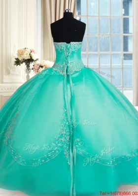 Fashionable Strapless Applique and Beaded Organza Quinceanera Dress in Turquoise