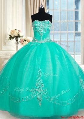 Fashionable Strapless Applique and Beaded Organza Quinceanera Dress in Turquoise