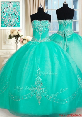 Fashionable Strapless Applique and Beaded Organza Quinceanera Dress in Turquoise