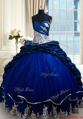 Hot Sale Court Train Royal Blue Quinceanera Dress with Lace Appliques and Bubbles