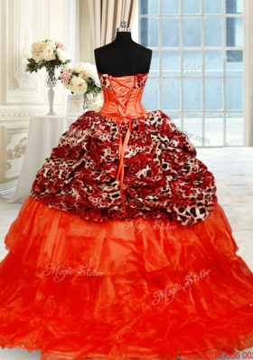 Latest Beaded Brush Train Orange Red Quinceanera Dress in Organza and Leopard