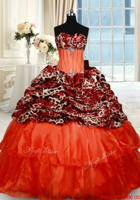 Latest Beaded Brush Train Orange Red Quinceanera Dress in Organza and Leopard