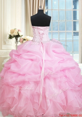 Latest Ruffled Beaded and Bubble Rose Pink Quinceanera Dress in Organza