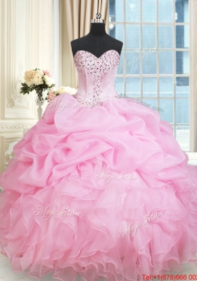 Latest Ruffled Beaded and Bubble Rose Pink Quinceanera Dress in Organza