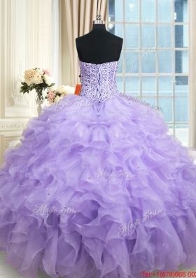 Lovely Visible Boning Ruffled and Beaded Bodice Organza Quinceanera Dress in Lavender