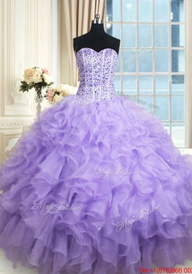 Lovely Visible Boning Ruffled and Beaded Bodice Organza Quinceanera Dress in Lavender