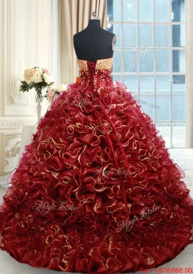 Luxurious Beaded Brush Train Burgundy Quinceanera Dress in Rolling Flowers