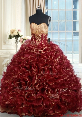 Luxurious Beaded Brush Train Burgundy Quinceanera Dress in Rolling Flowers