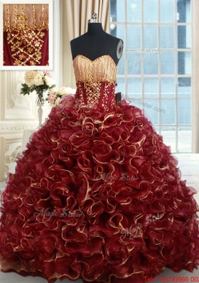 Luxurious Beaded Brush Train Burgundy Quinceanera Dress in Rolling Flowers