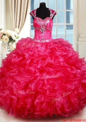 Luxurious Open Back Ruffled and Beaded Hot Pink Quinceanera Dress with Cap Sleeves