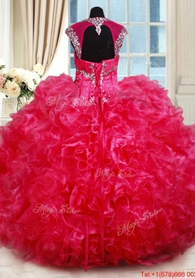 Luxurious Open Back Ruffled and Beaded Hot Pink Quinceanera Dress with Cap Sleeves