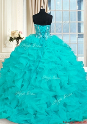 Luxurious Visible Boning Beaded Bodice Aquamarine Quinceanera Dress with Brush Train