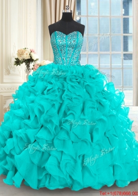 Luxurious Visible Boning Beaded Bodice Aquamarine Quinceanera Dress with Brush Train