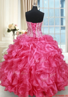 Luxurious Visible Boning Sweetheart Ruffled and Beaded Quinceanera Gown in Hot Pink