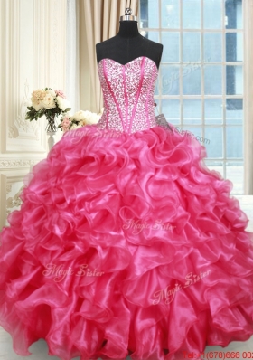 Luxurious Visible Boning Sweetheart Ruffled and Beaded Quinceanera Gown in Hot Pink