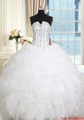 New Arrivals Visible Boning V Neck Beaded Bodice Ruffled White Quinceanera Dress