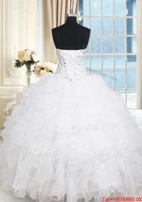 New Arrivals Visible Boning V Neck Beaded Bodice Ruffled White Quinceanera Dress