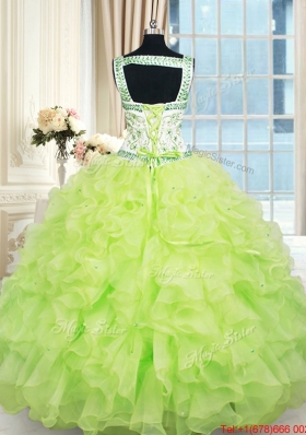 Popular Straps Organza Ruffled and Beaded Quinceanera Dress in Yellow Green