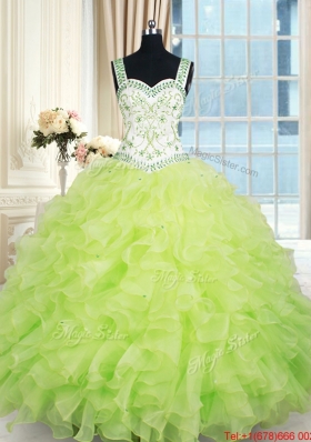 Popular Straps Organza Ruffled and Beaded Quinceanera Dress in Yellow Green