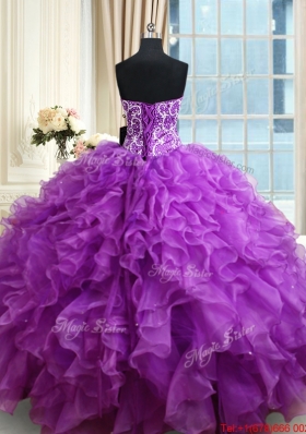 Pretty Organza Eggplant Purple Quinceanera Dress with Ruffles and Beading