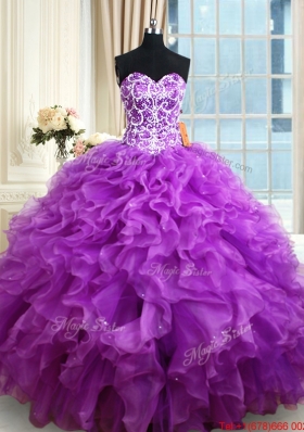 Pretty Organza Eggplant Purple Quinceanera Dress with Ruffles and Beading