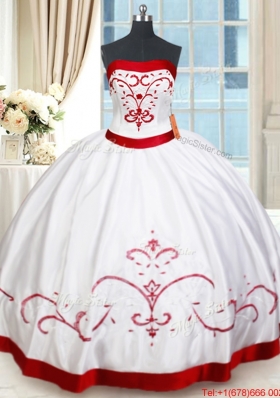 Pretty Strapless Satin White and Red Quinceanera Dress with Beading and Embroidery