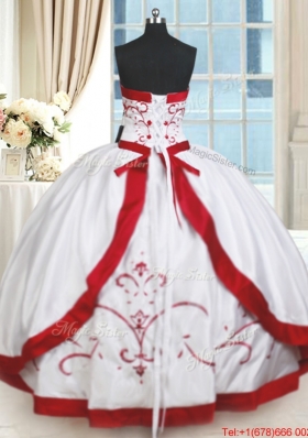 Pretty Strapless Satin White and Red Quinceanera Dress with Beading and Embroidery