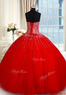 Romantic Big Puffy Tulle Beaded Bodice Red Quinceanera Dress with Sweetheart