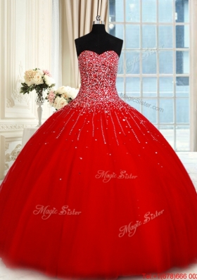 Romantic Big Puffy Tulle Beaded Bodice Red Quinceanera Dress with Sweetheart