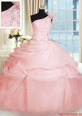 Cheap One Shoulder Pink Quinceanera Dress with Handcrafted Flower and Beading