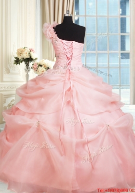 Cheap One Shoulder Pink Quinceanera Dress with Handcrafted Flower and Beading